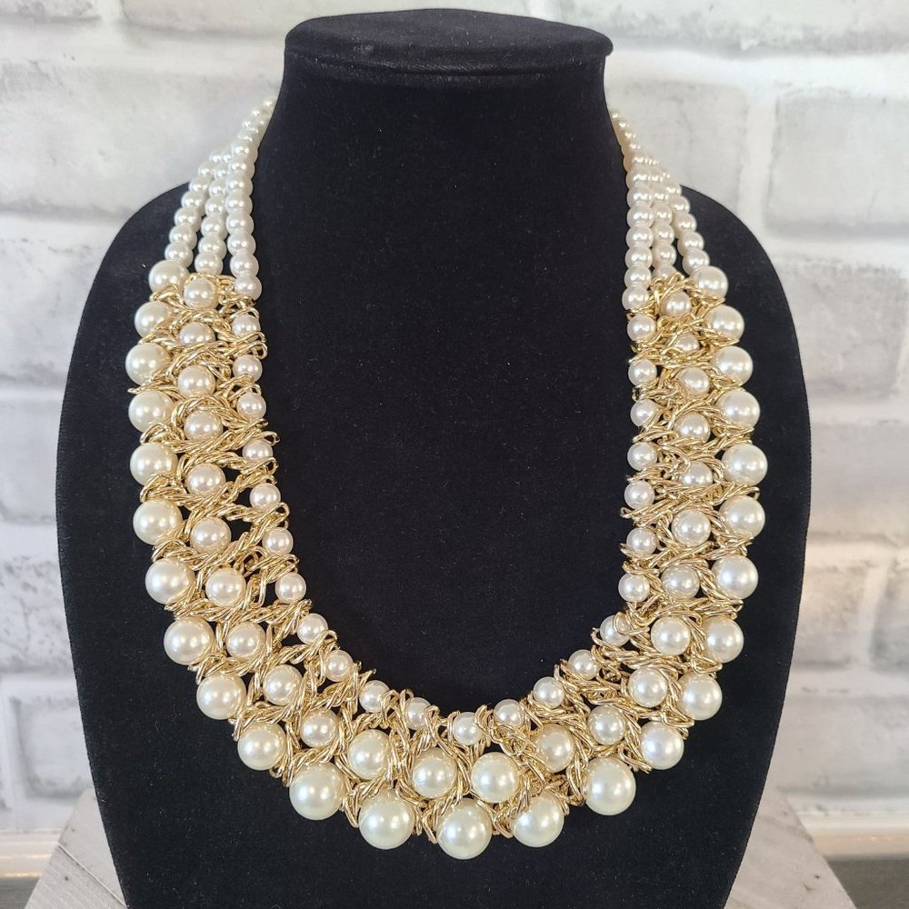 Vtg NY Company Faux Pearl Gold Tone Chain Collar Necklace Weave Triple Strand